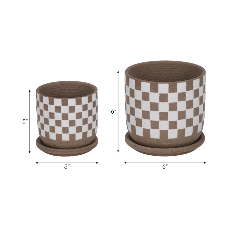 S/2 5/6" Checkerboard Saucer Planters, White/tan - Al Rugaib Furniture