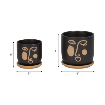 S/2 5/6" FUNKY FACE PLANTER W/ SAUCER, BLACK - Al Rugaib Furniture