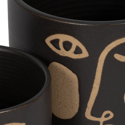 S/2 5/6" FUNKY FACE PLANTER W/ SAUCER, BLACK - Al Rugaib Furniture