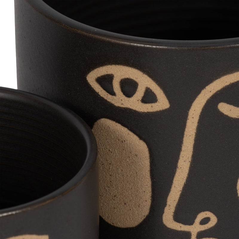 S/2 5/6" FUNKY FACE PLANTER W/ SAUCER, BLACK - Al Rugaib Furniture