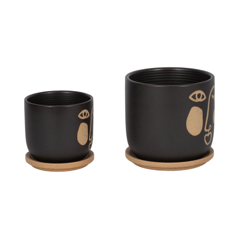 S/2 5/6" FUNKY FACE PLANTER W/ SAUCER, BLACK - Al Rugaib Furniture