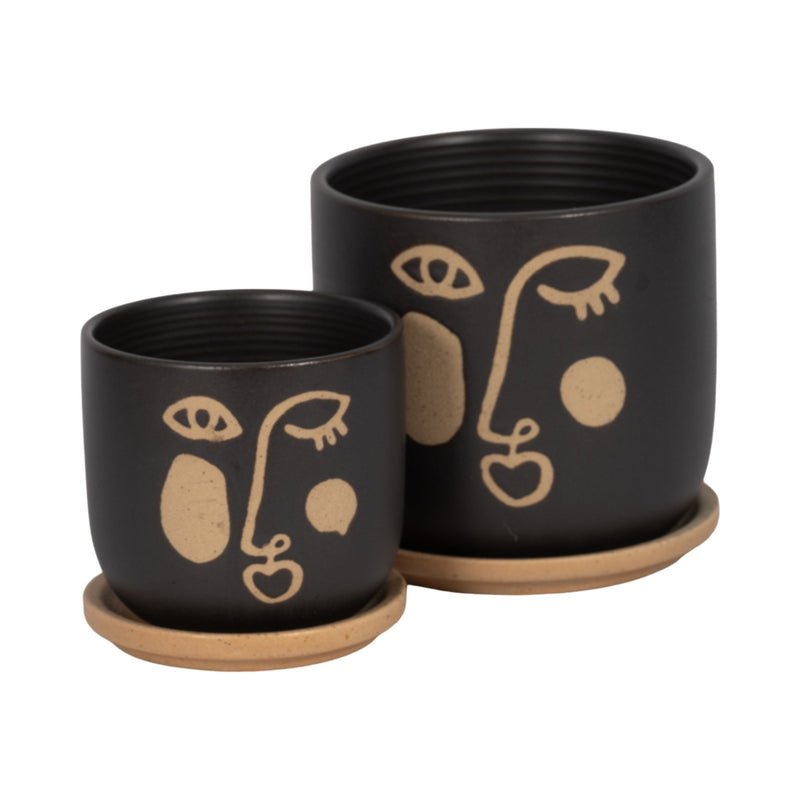S/2 5/6" FUNKY FACE PLANTER W/ SAUCER, BLACK - Al Rugaib Furniture