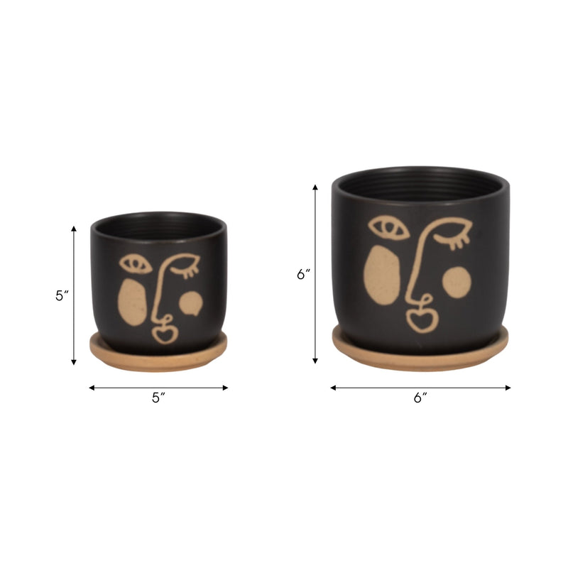 S/2 5/6" FUNKY FACE PLANTER W/ SAUCER, BLACK - Al Rugaib Furniture