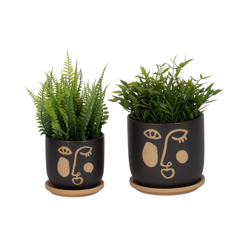 S/2 5/6" FUNKY FACE PLANTER W/ SAUCER, BLACK - Al Rugaib Furniture