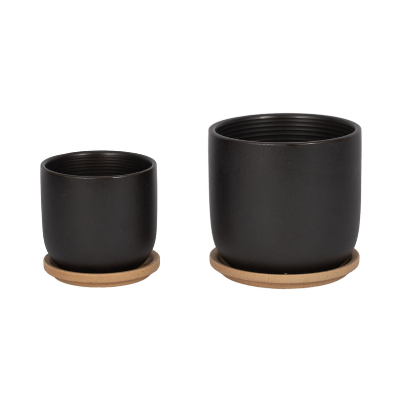 S/2 5/6" FUNKY FACE PLANTER W/ SAUCER, BLACK - Al Rugaib Furniture