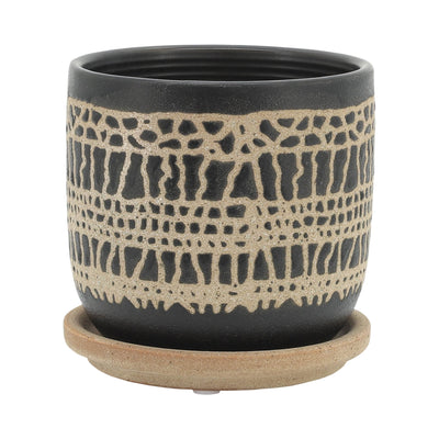 S/2 5/6" GLAZED PLANTER W/ SAUCER, BLACK - Al Rugaib Furniture