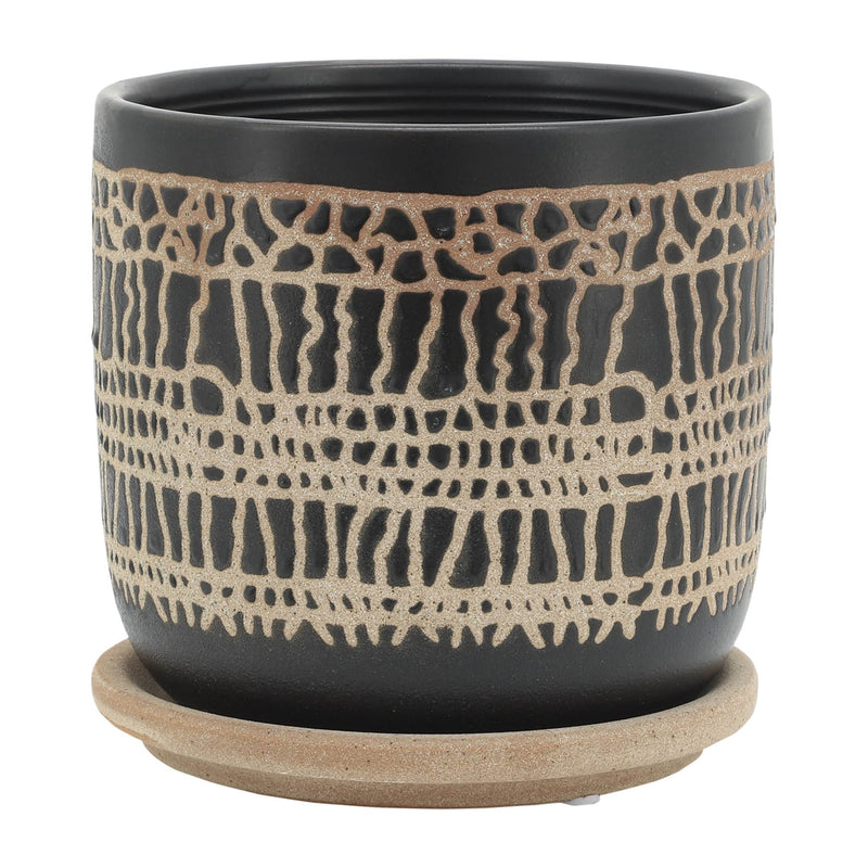 S/2 5/6" GLAZED PLANTER W/ SAUCER, BLACK - Al Rugaib Furniture