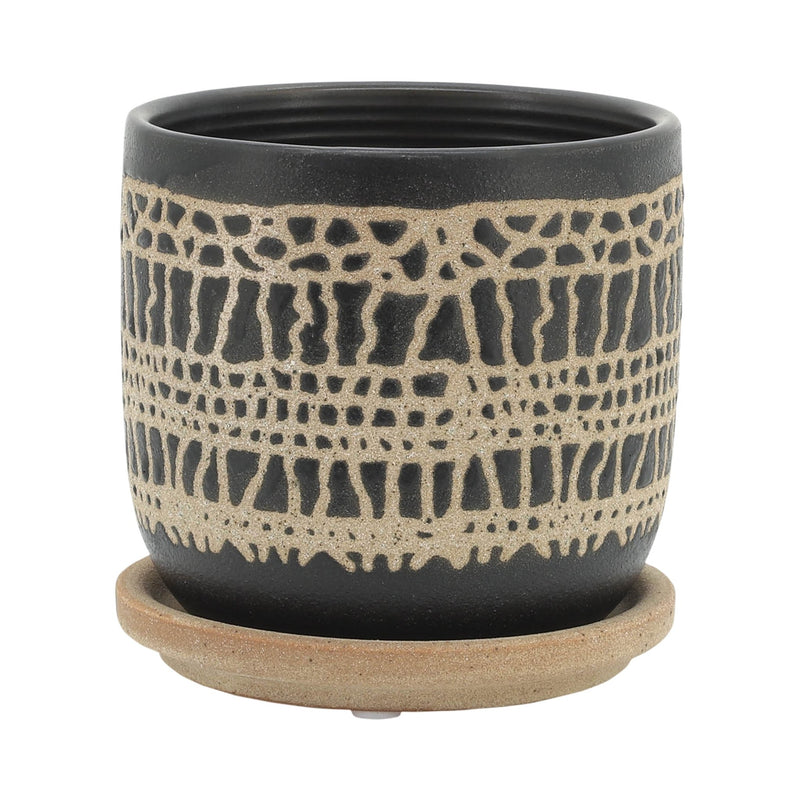 S/2 5/6" GLAZED PLANTER W/ SAUCER, BLACK - Al Rugaib Furniture