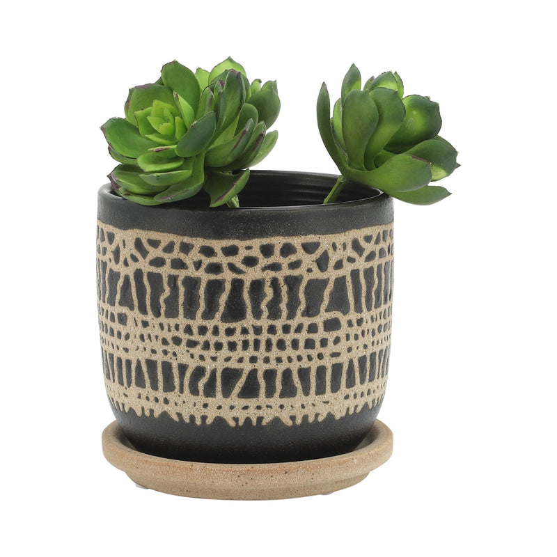 S/2 5/6" GLAZED PLANTER W/ SAUCER, BLACK - Al Rugaib Furniture