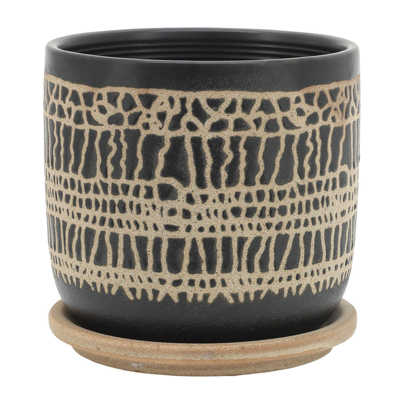 S/2 5/6" GLAZED PLANTER W/ SAUCER, BLACK - Al Rugaib Furniture