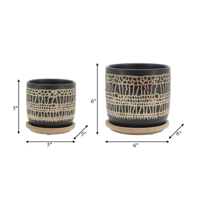 S/2 5/6" GLAZED PLANTER W/ SAUCER, BLACK - Al Rugaib Furniture
