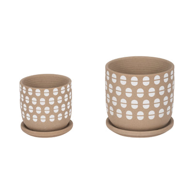 S/2 5/6" Hand Stamped Saucer Planters, Tan/white - Al Rugaib Furniture
