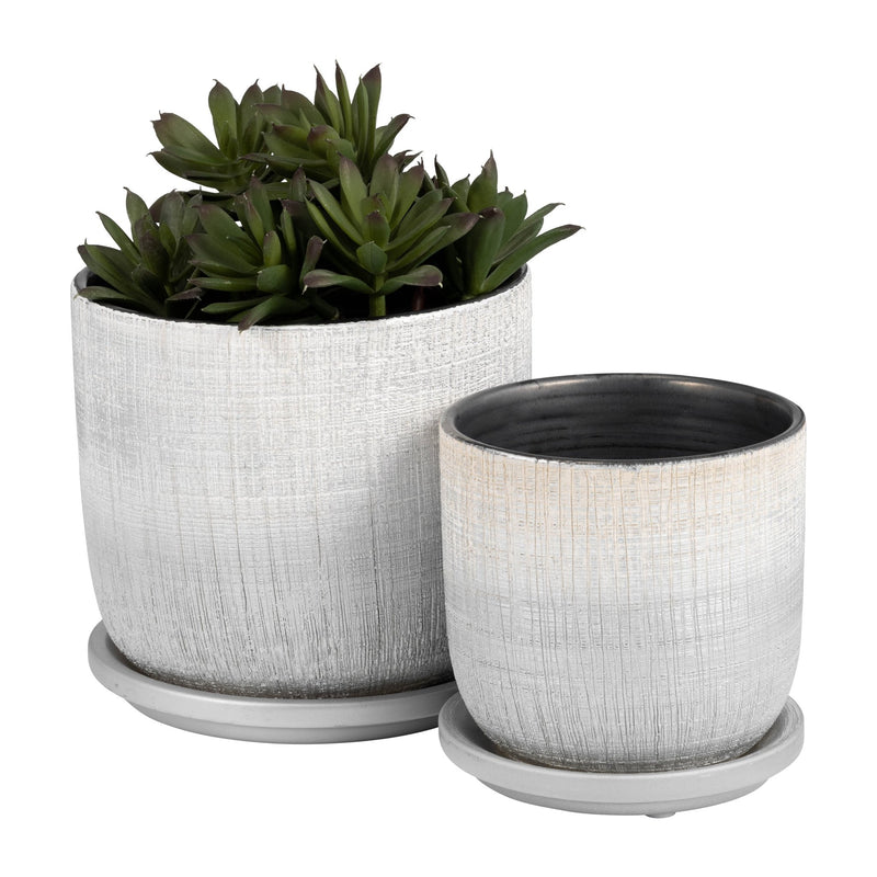S/2 5/6" TEXTURED PLANTER WITH SAUCER, SILVER - Al Rugaib Furniture