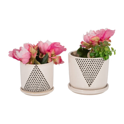 S/2 5/6" TRIANGLE DOTS PLANTER W/ SAUCER, WHITE - Al Rugaib Furniture