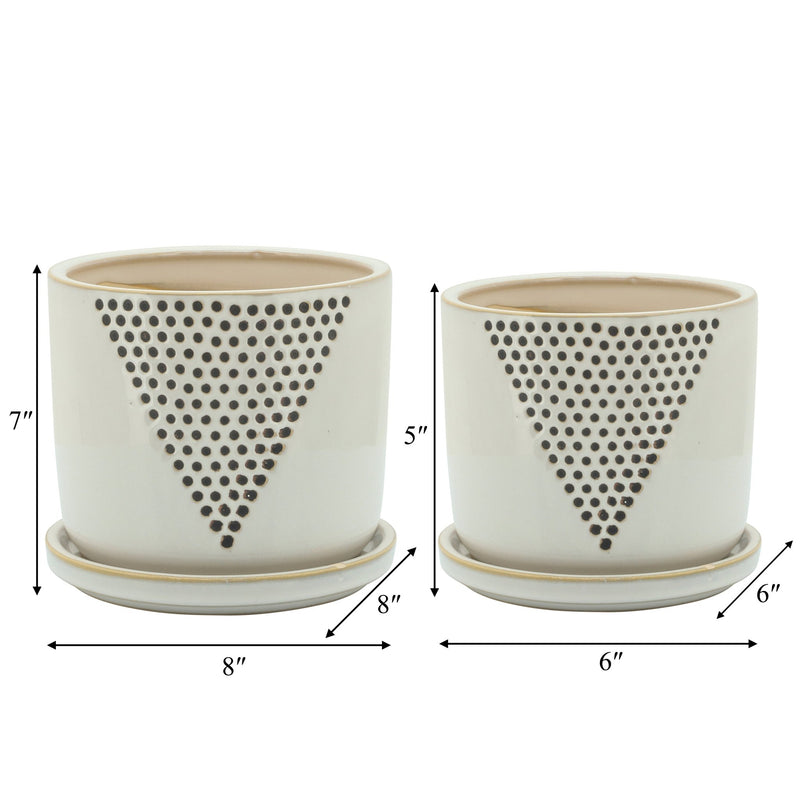 S/2 5/6" TRIANGLE DOTS PLANTER W/ SAUCER, WHITE - Al Rugaib Furniture