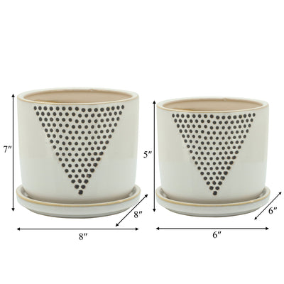 S/2 5/6" TRIANGLE DOTS PLANTER W/ SAUCER, WHITE - Al Rugaib Furniture