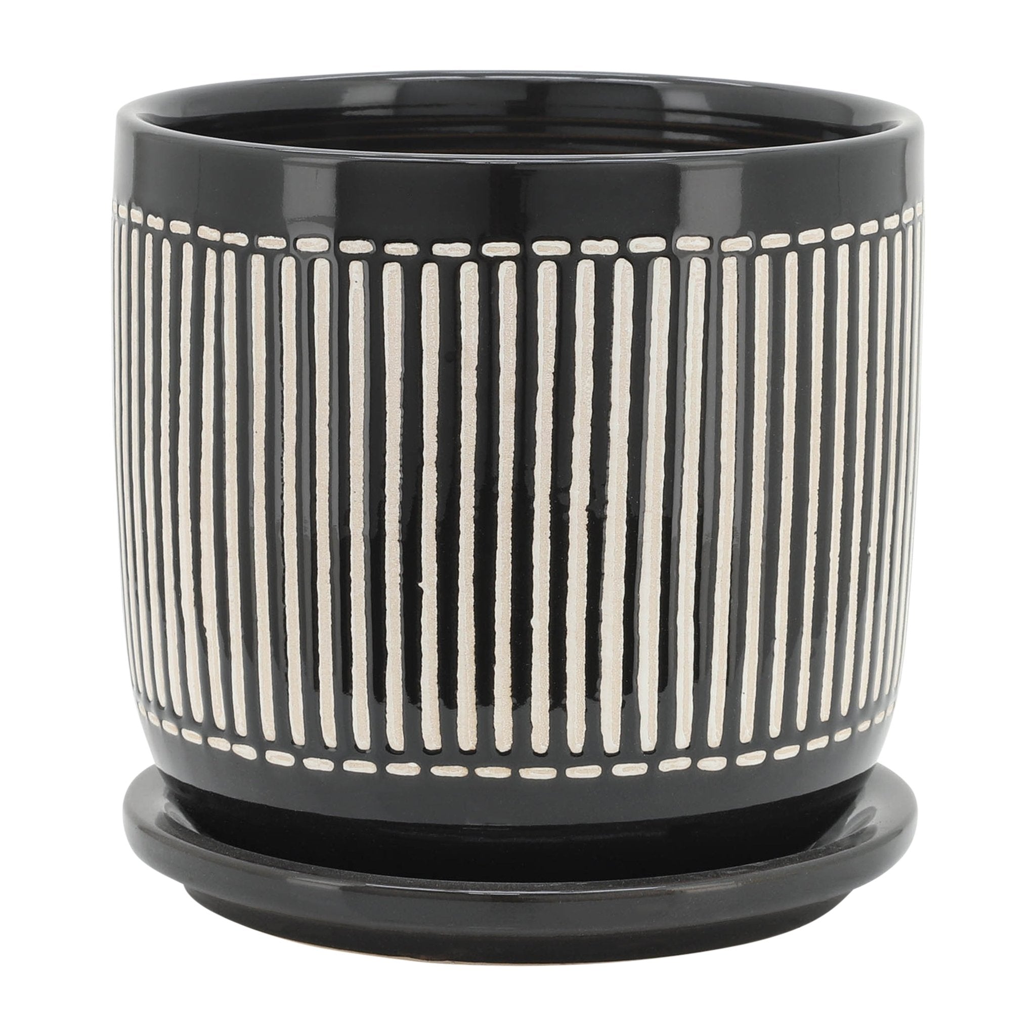 S/2 5/6" VERTICAL LINES PLANTER W/ SAUCER, BLACK Outdoor Planters| Sagebrook Home