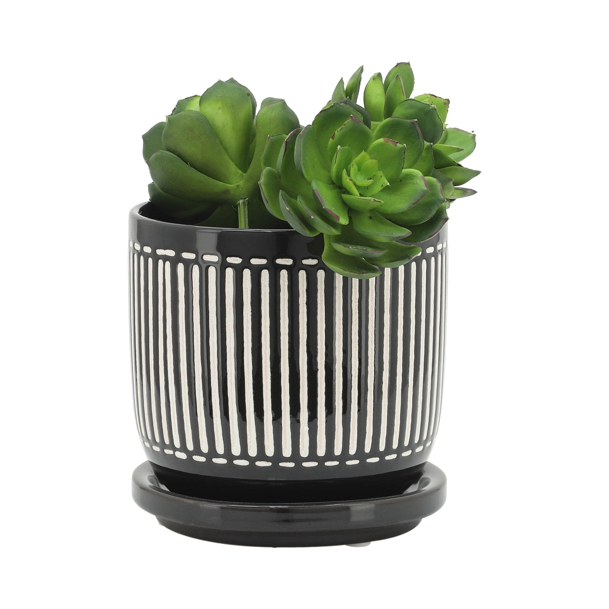 S/2 5/6" VERTICAL LINES PLANTER W/ SAUCER, BLACK Outdoor Planters| Sagebrook Home