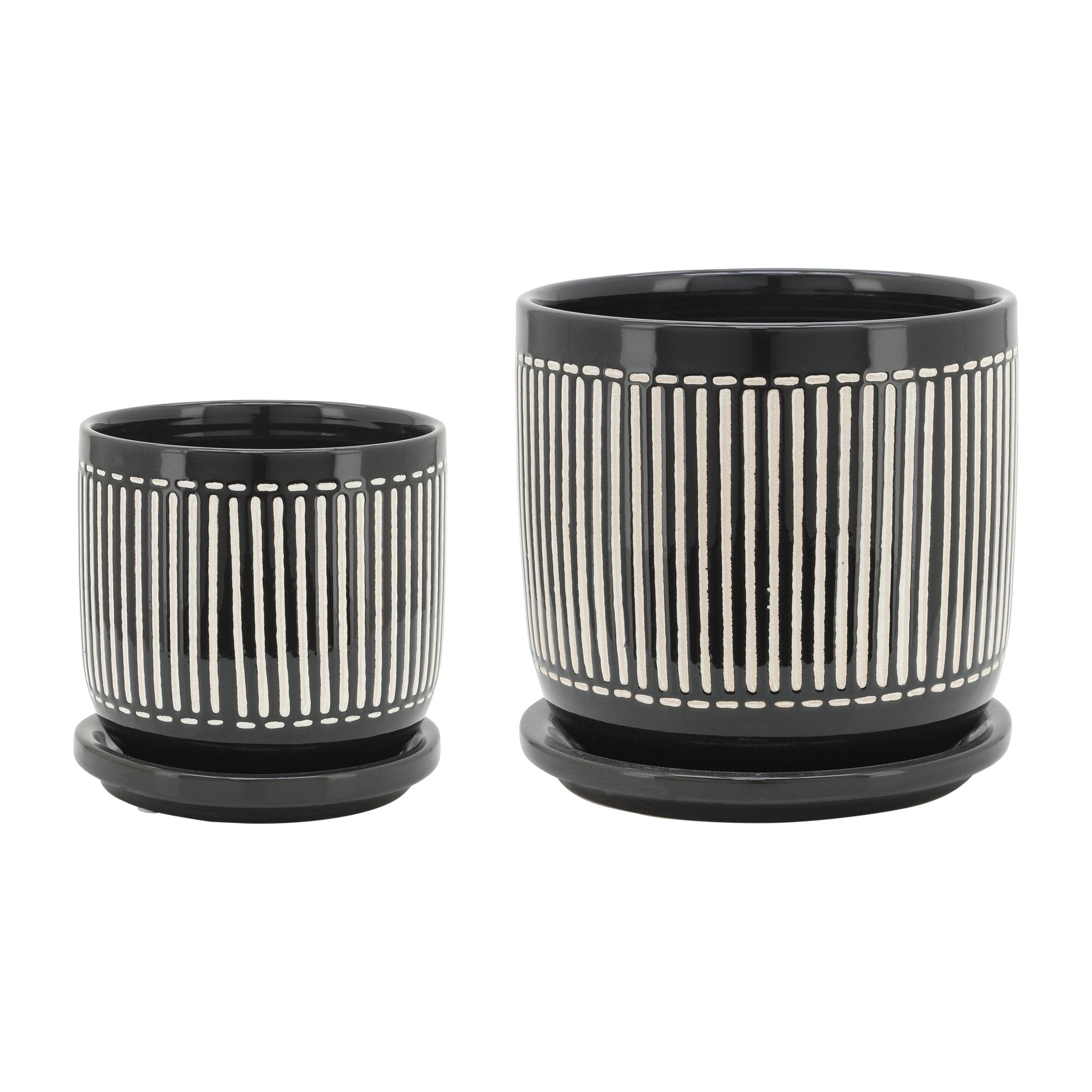 S/2 5/6" VERTICAL LINES PLANTER W/ SAUCER, BLACK Outdoor Planters| Sagebrook Home