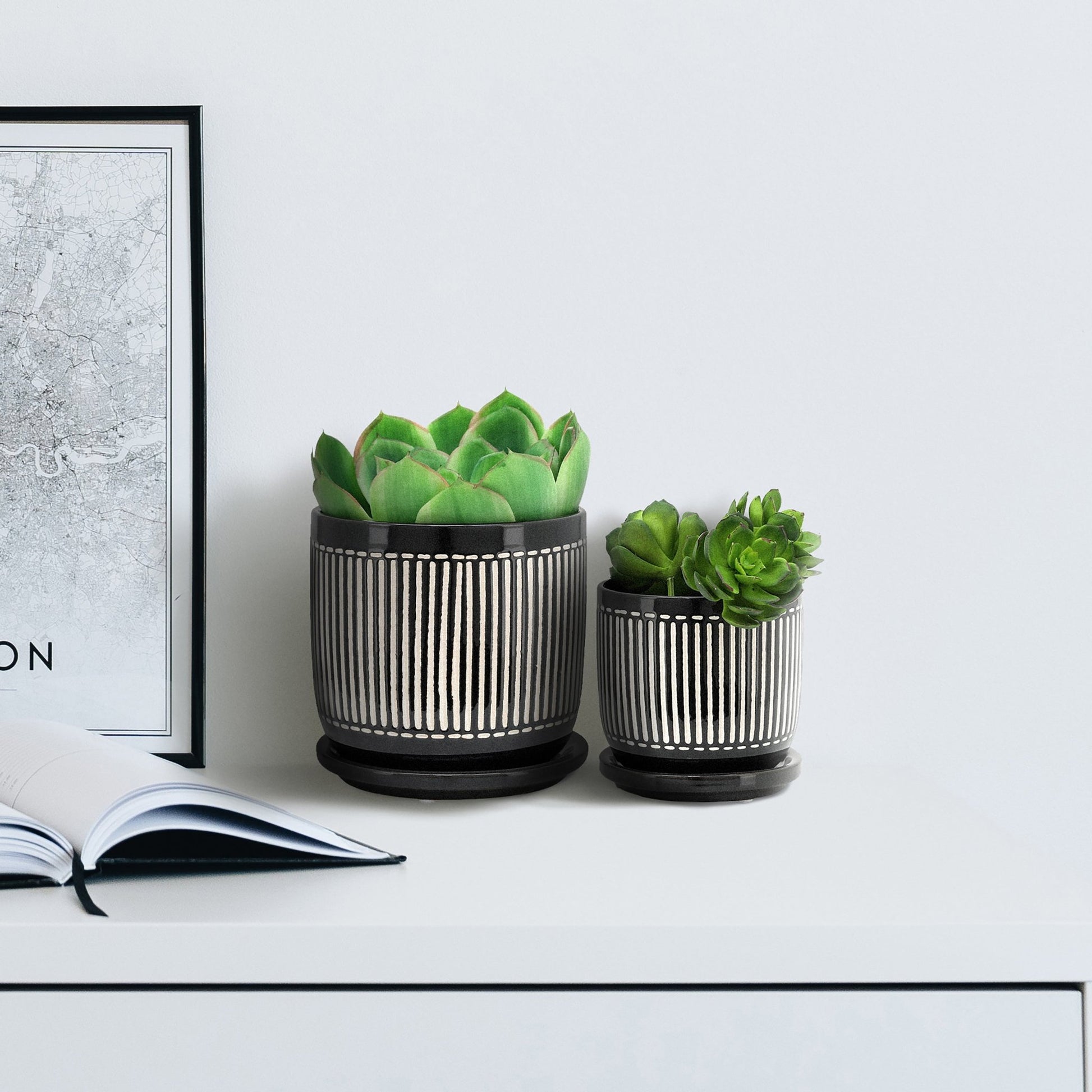S/2 5/6" VERTICAL LINES PLANTER W/ SAUCER, BLACK Outdoor Planters| Sagebrook Home