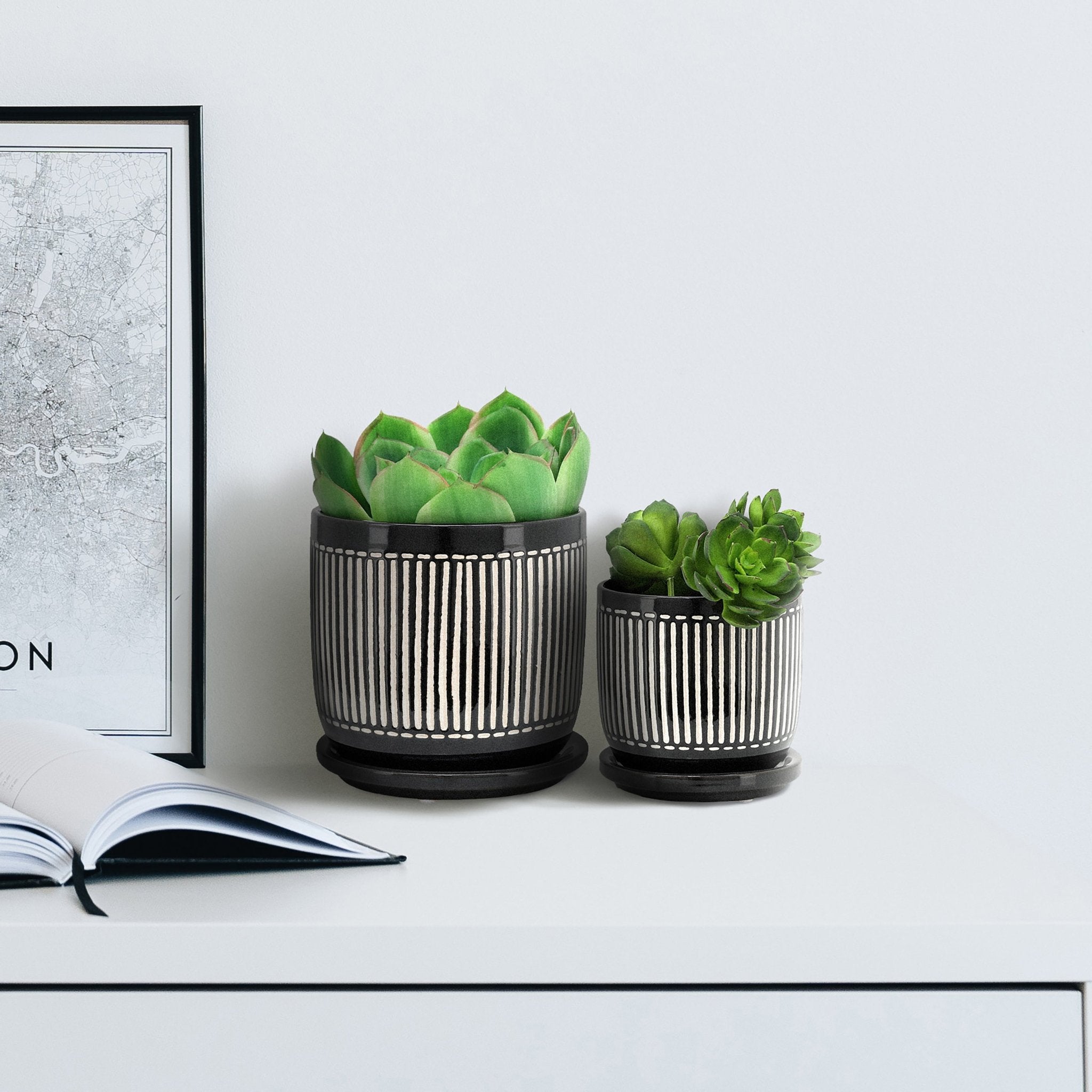 S/2 5/6" VERTICAL LINES PLANTER W/ SAUCER, BLACK Outdoor Planters| Sagebrook Home