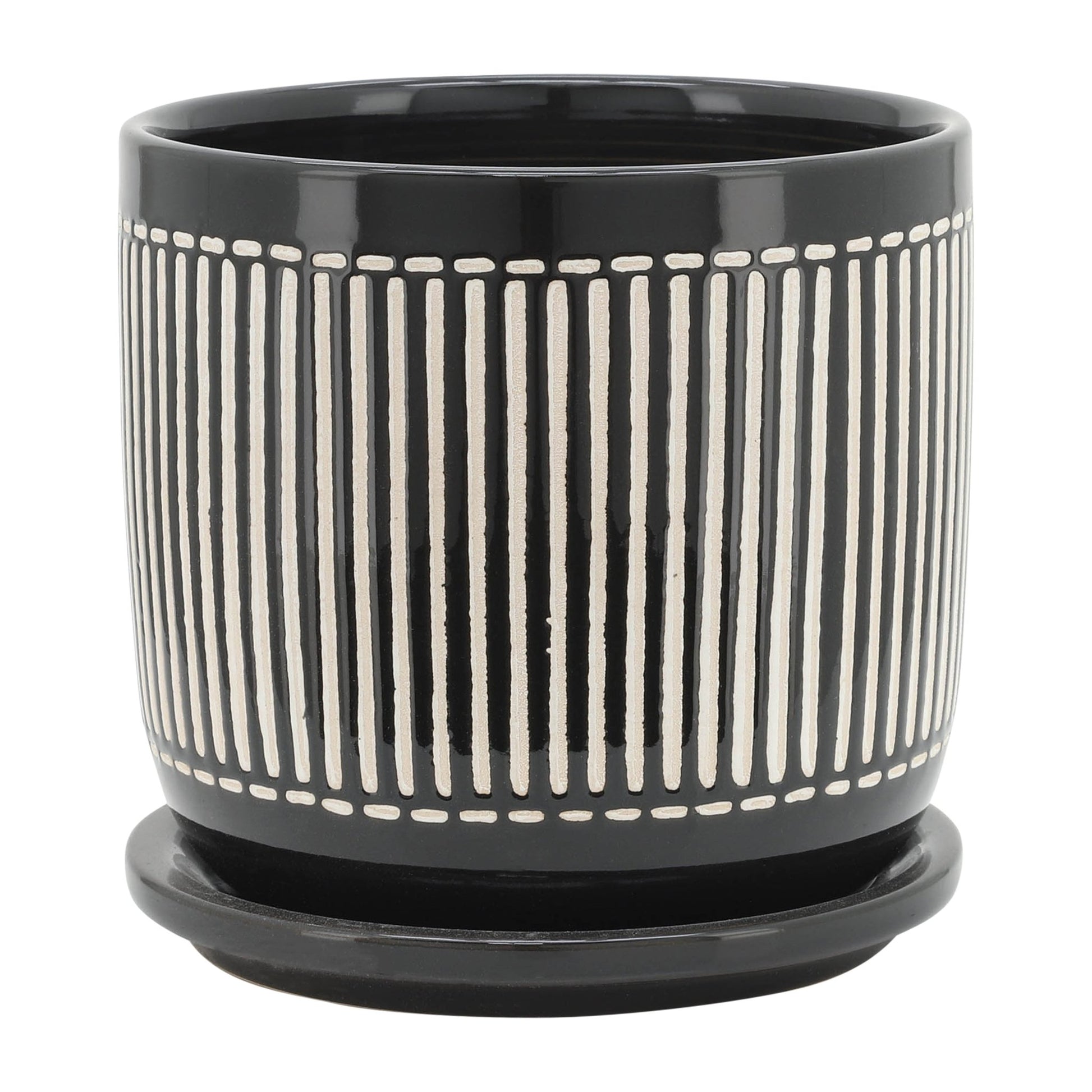 S/2 5/6" VERTICAL LINES PLANTER W/ SAUCER, BLACK Outdoor Planters| Sagebrook Home