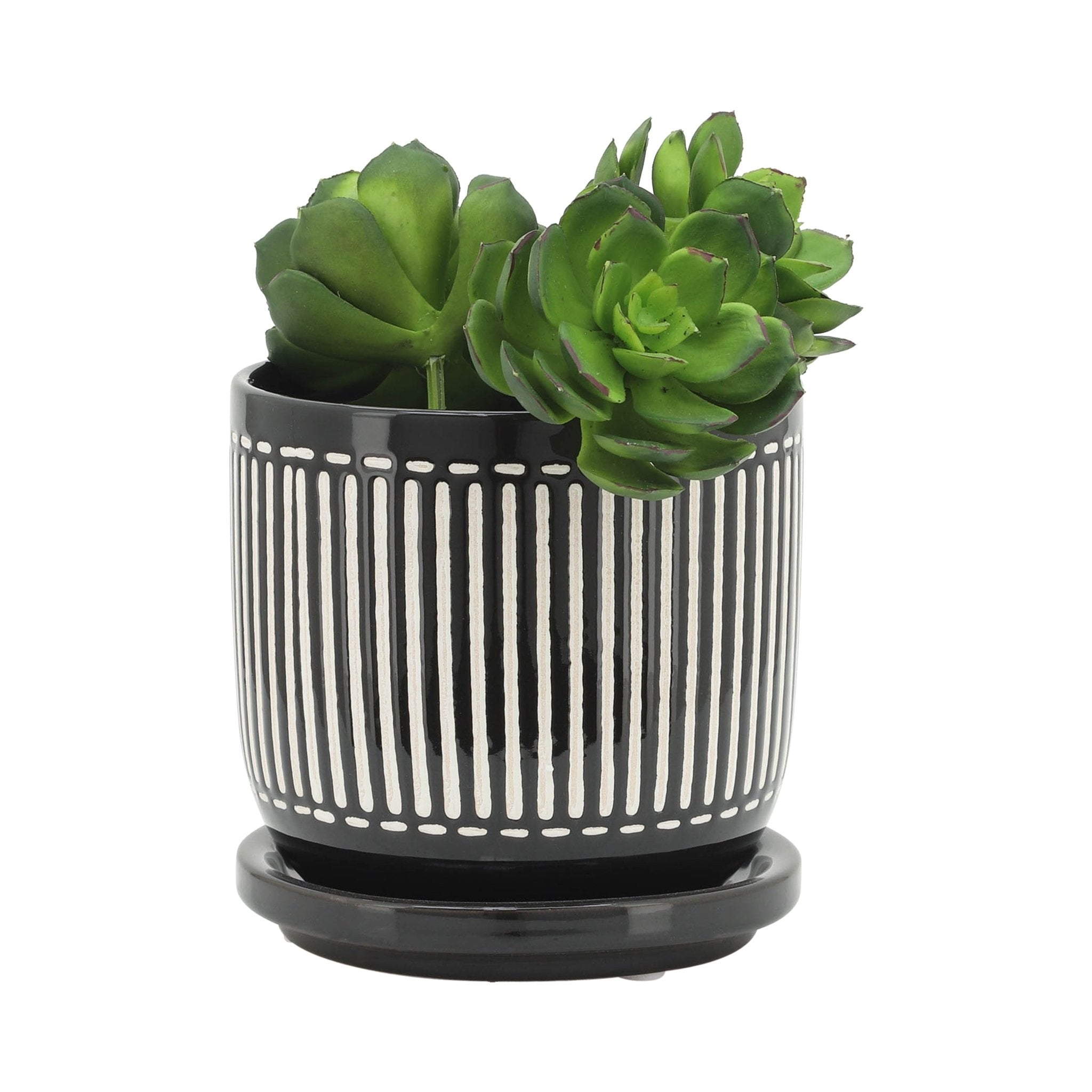 S/2 5/6" VERTICAL LINES PLANTER W/ SAUCER, BLACK Outdoor Planters| Sagebrook Home