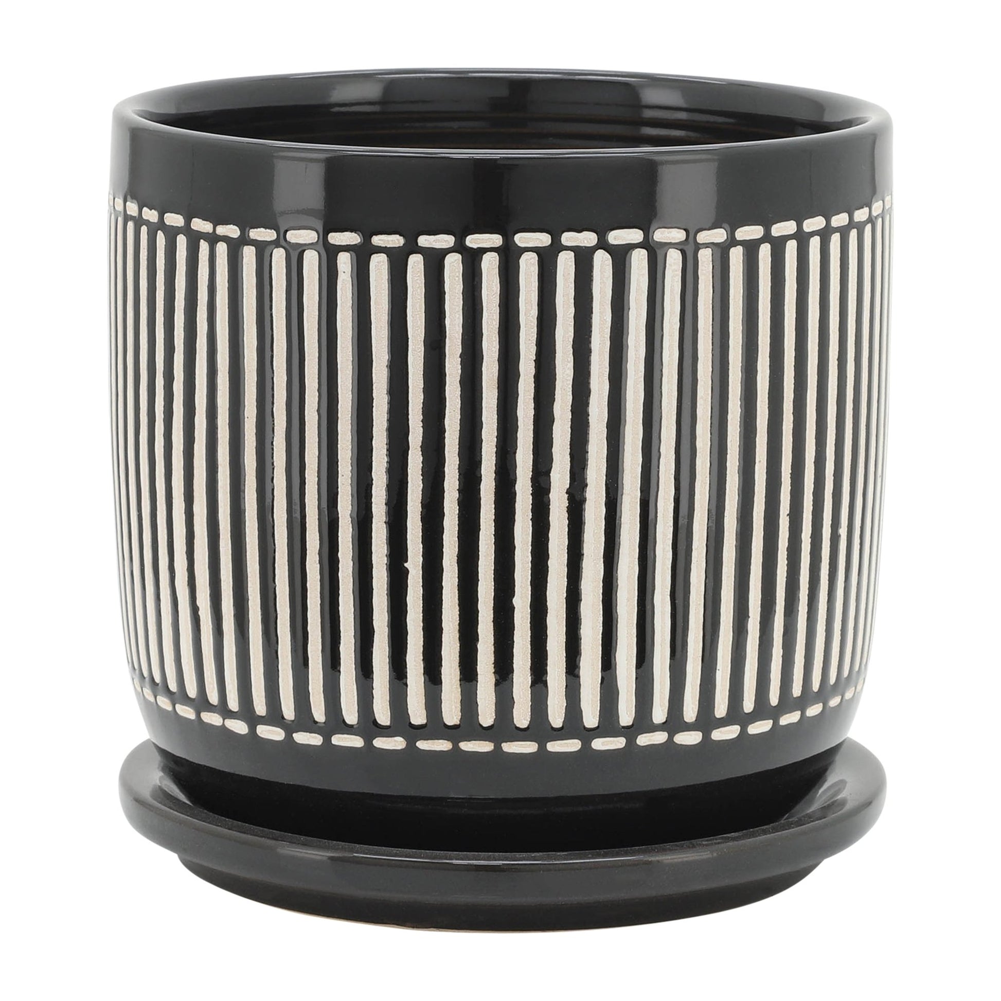 S/2 5/6" VERTICAL LINES PLANTER W/ SAUCER, BLACK Outdoor Planters| Sagebrook Home