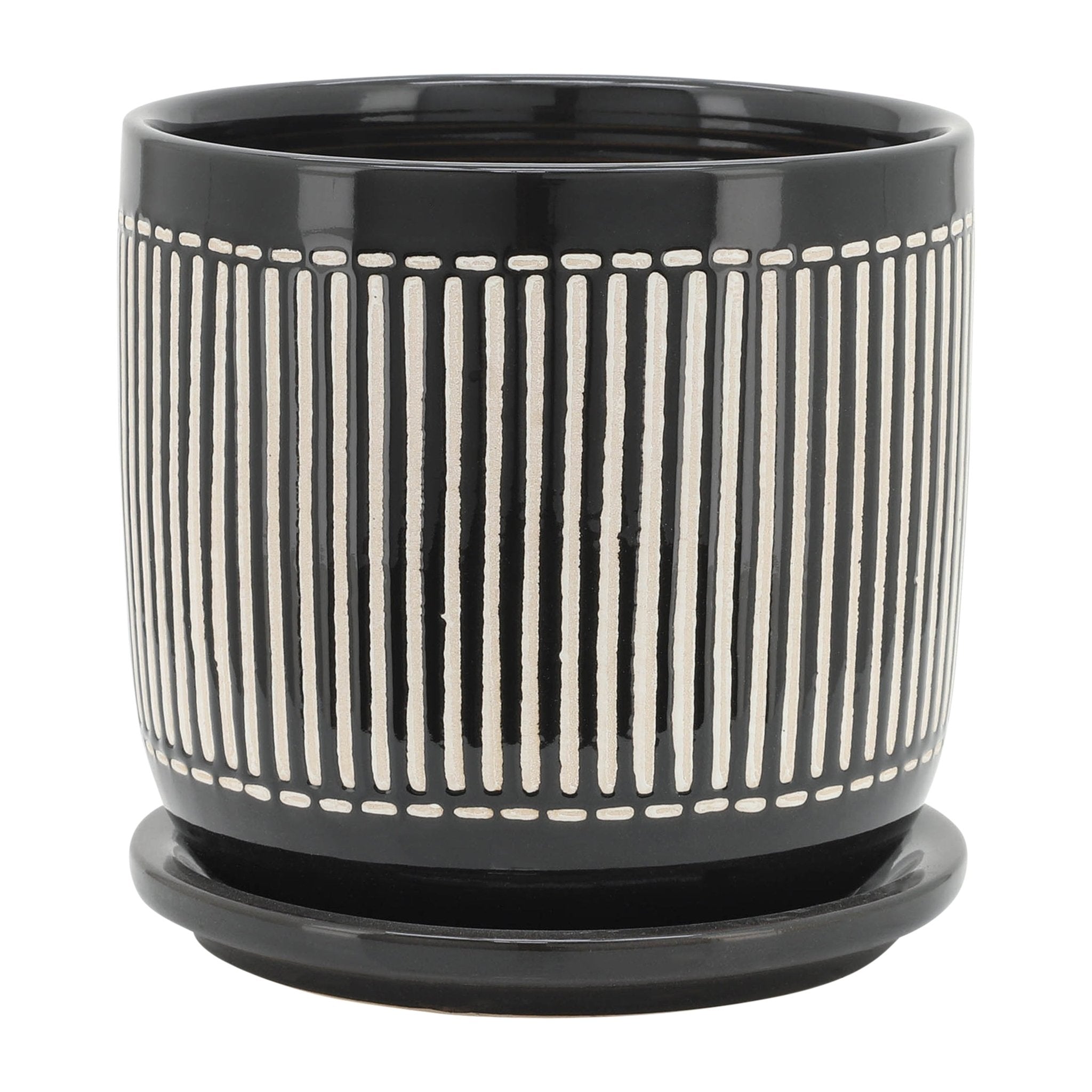 S/2 5/6" VERTICAL LINES PLANTER W/ SAUCER, BLACK Outdoor Planters| Sagebrook Home