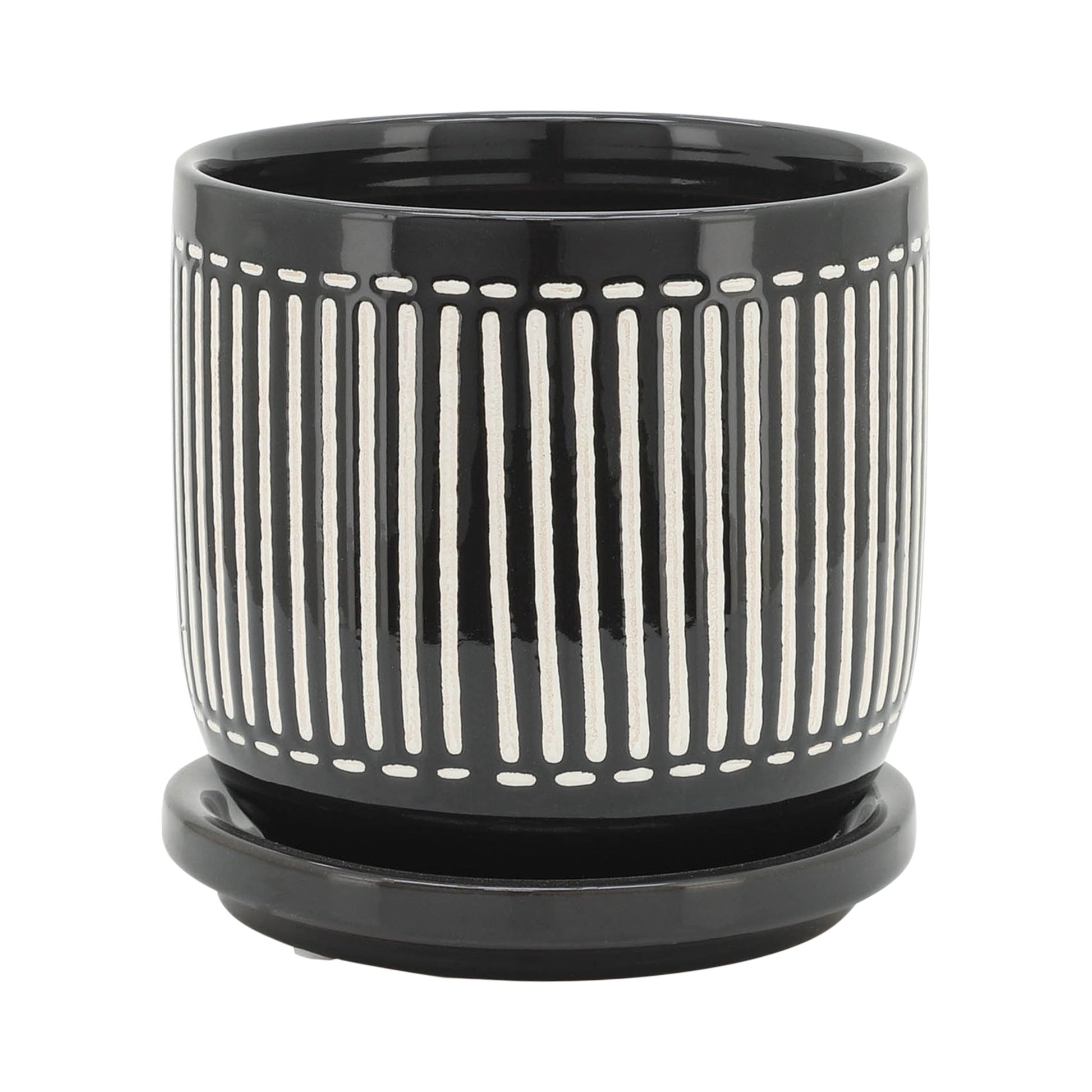 S/2 5/6" VERTICAL LINES PLANTER W/ SAUCER, BLACK Outdoor Planters| Sagebrook Home