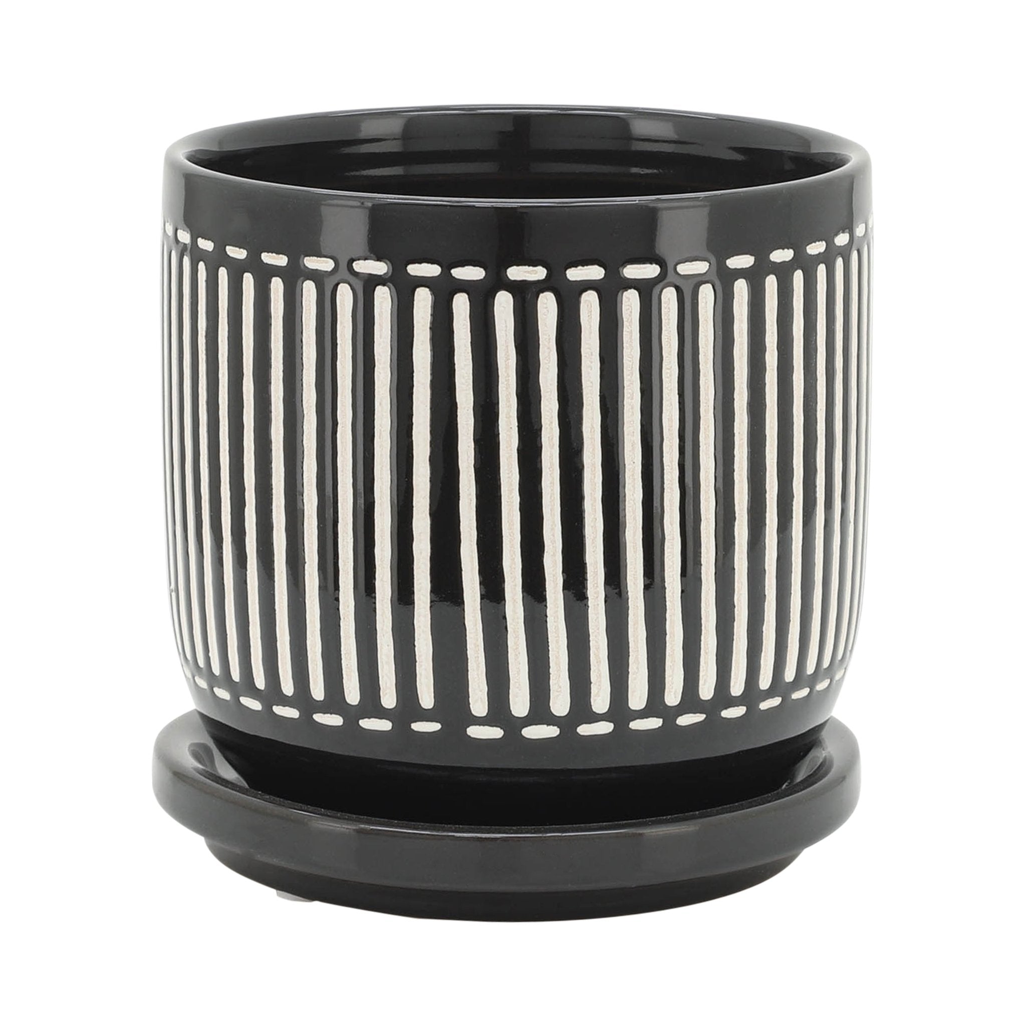 S/2 5/6" VERTICAL LINES PLANTER W/ SAUCER, BLACK Outdoor Planters| Sagebrook Home