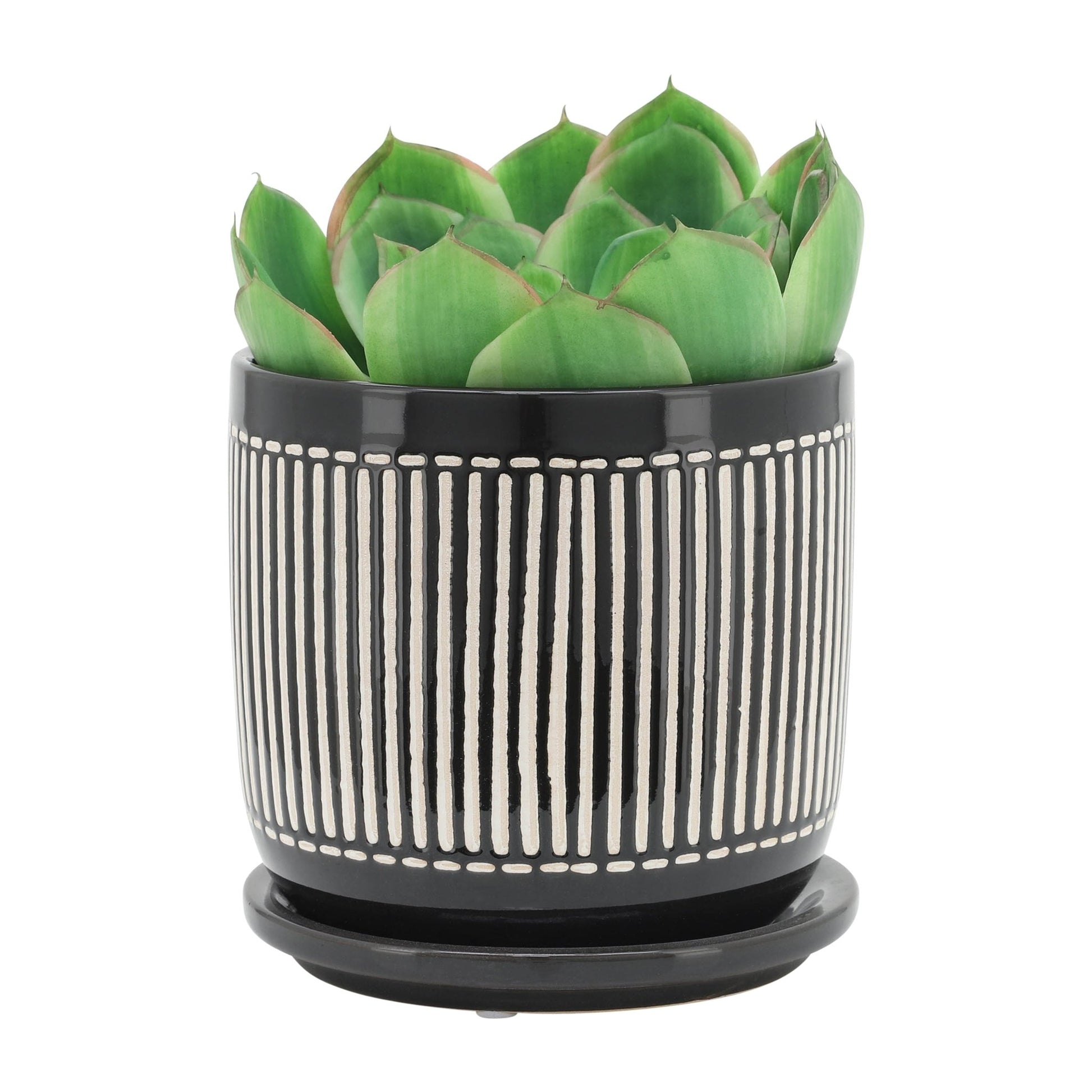 S/2 5/6" VERTICAL LINES PLANTER W/ SAUCER, BLACK Outdoor Planters| Sagebrook Home