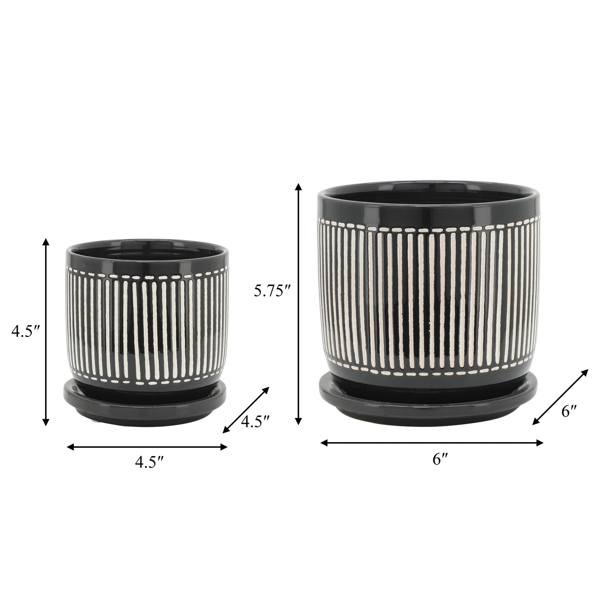 S/2 5/6" VERTICAL LINES PLANTER W/ SAUCER, BLACK Outdoor Planters| Sagebrook Home