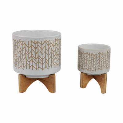 S/2 5/8" CHEVRON PLANTER W/ WOOD STAND, BEIGE - Al Rugaib Furniture