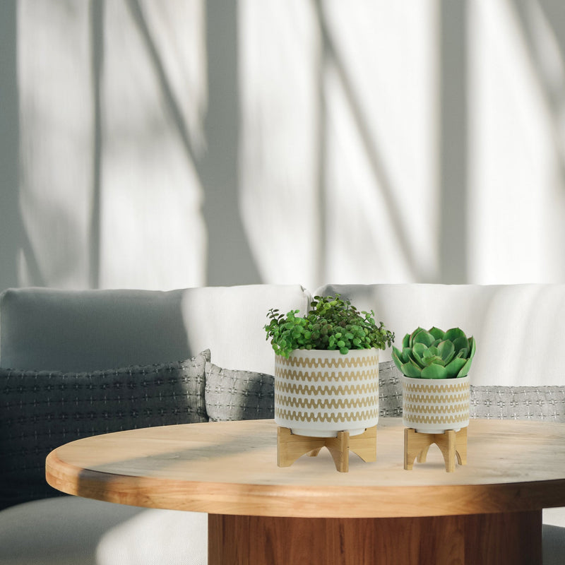 S/2 5/8" ZIG - ZAG PLANTER W/ STAND, WHITE - Al Rugaib Furniture