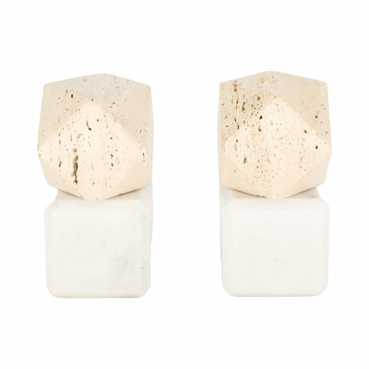 S/2 6" Marble Bookends W/ Travertine Hex Orb, Tan/ Table Decors| Sagebrook Home