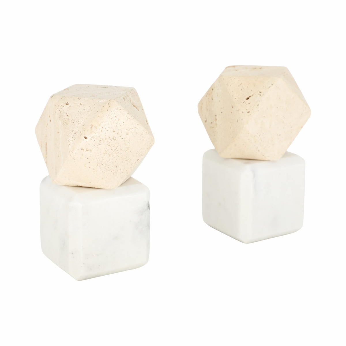 S/2 6" Marble Bookends W/ Travertine Hex Orb, Tan/ Table Decors| Sagebrook Home