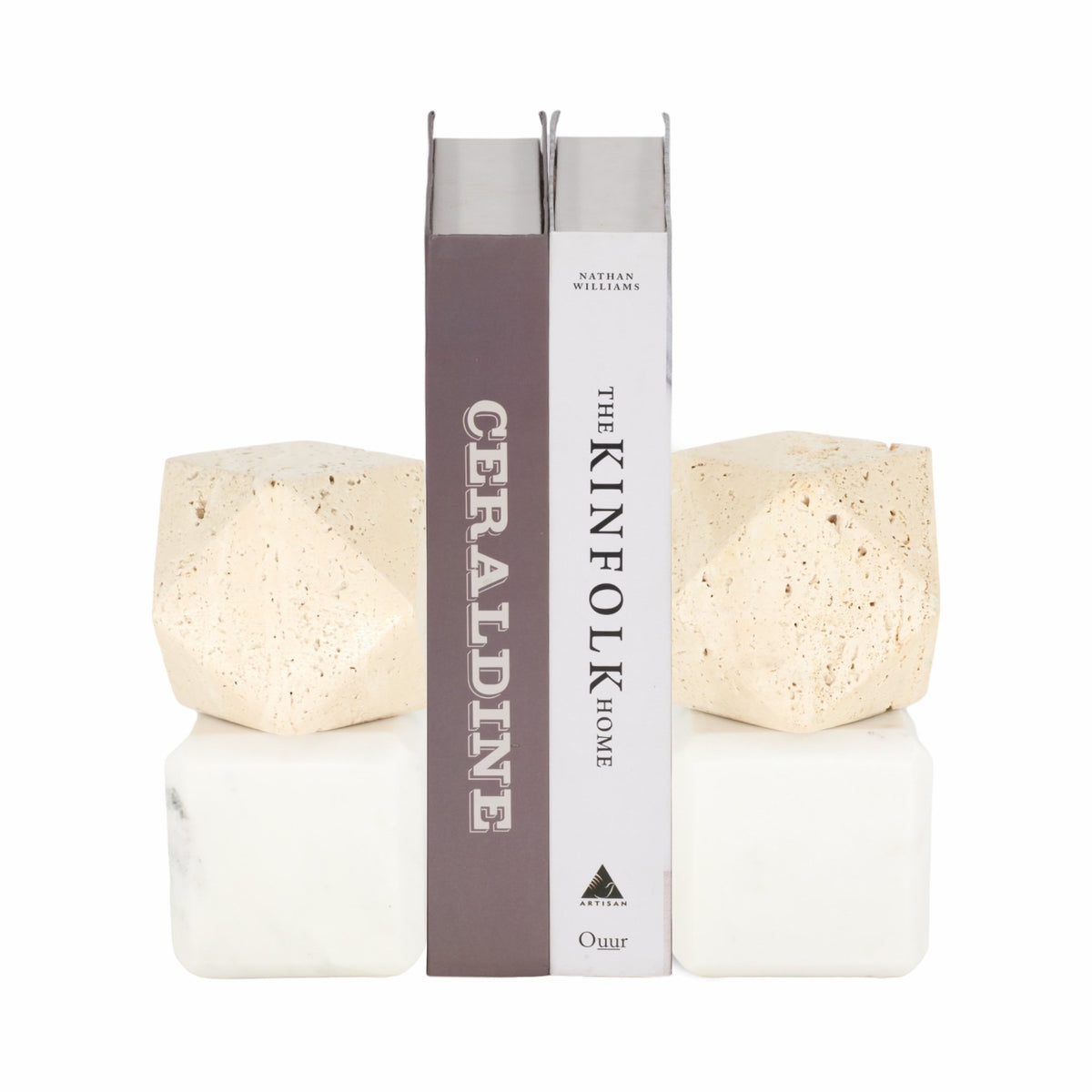 S/2 6" Marble Bookends W/ Travertine Hex Orb, Tan/ Table Decors| Sagebrook Home
