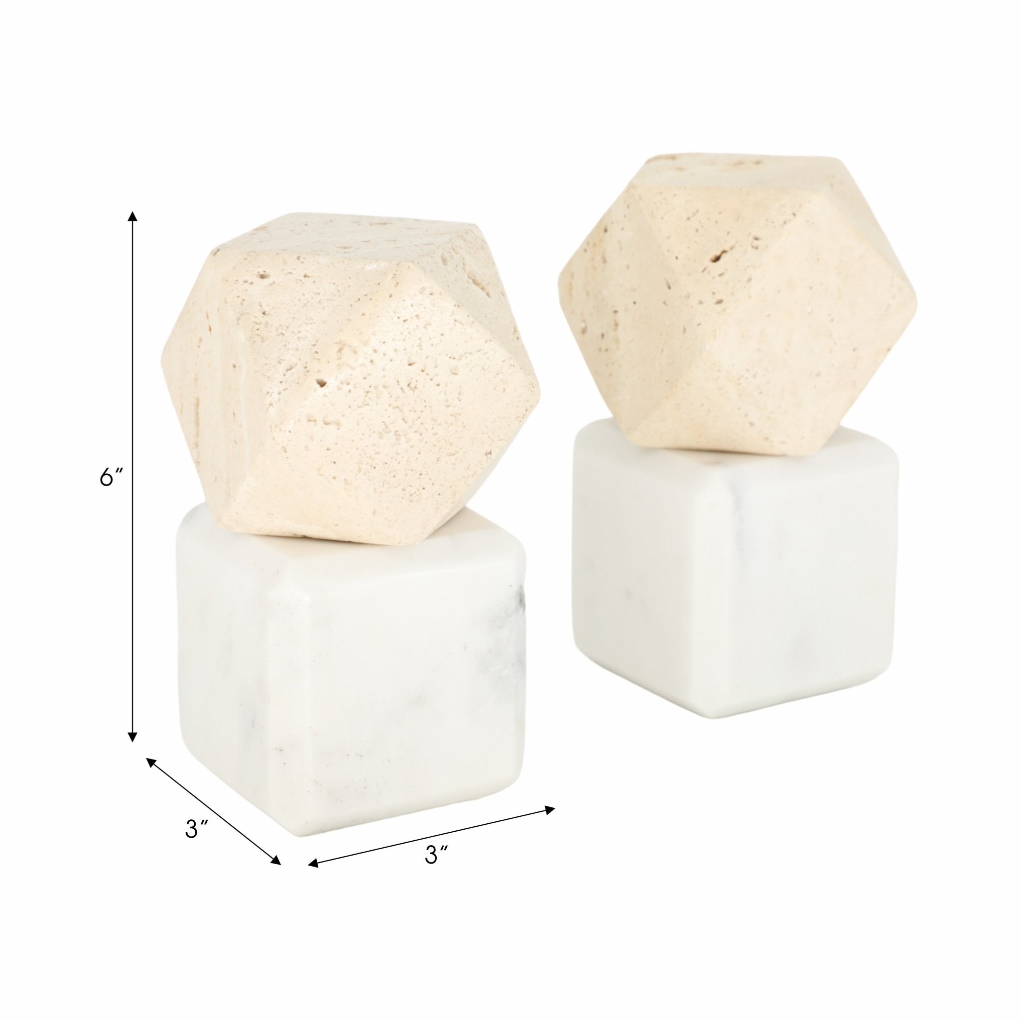 S/2 6" Marble Bookends W/ Travertine Hex Orb, Tan/ Table Decors| Sagebrook Home