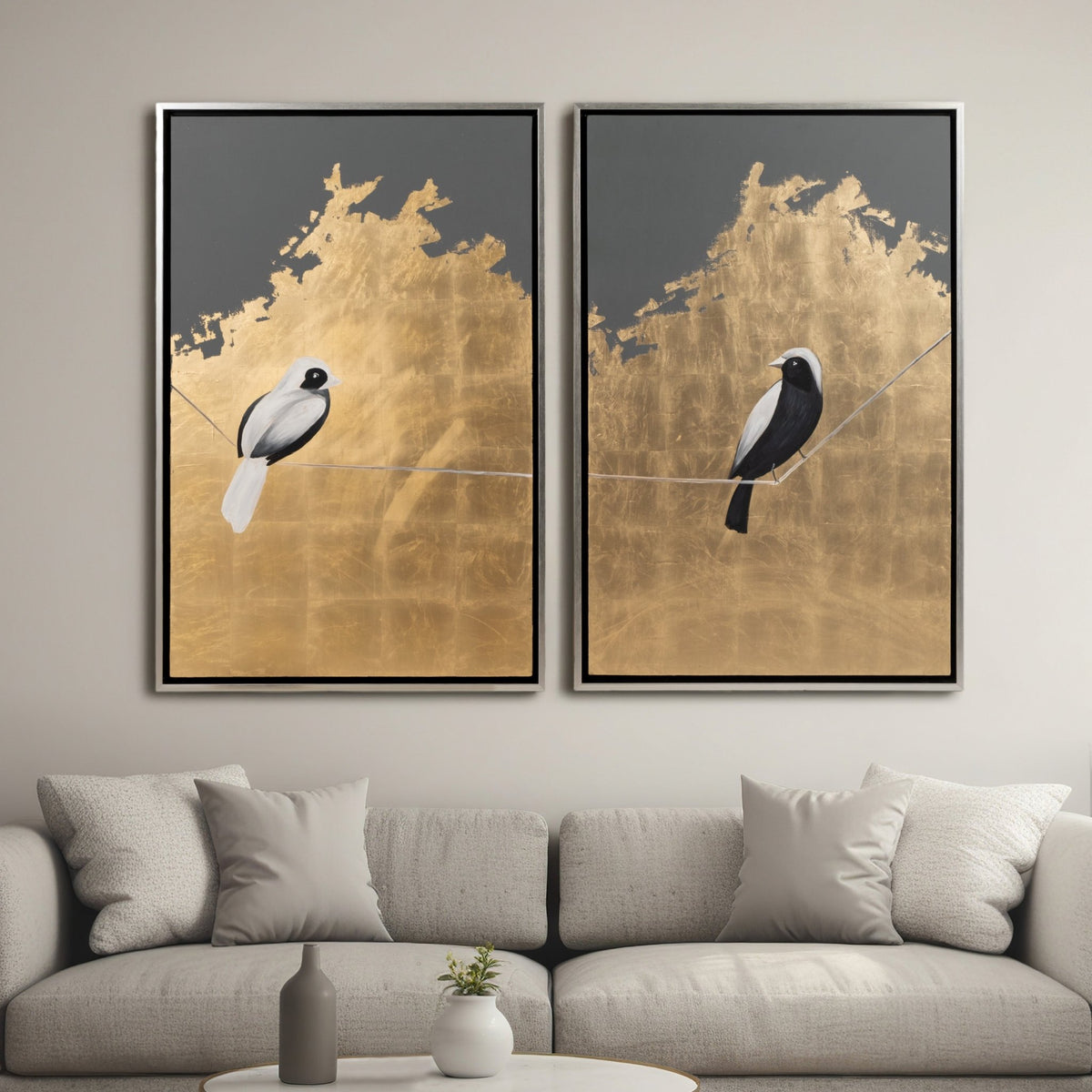 S/2 63x47 Hand Painted Birds On Wire, Gold Wall Art| Sagebrook Home