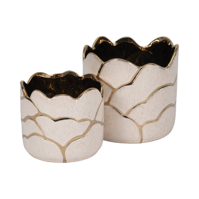 S/2 6/7" Clouds Planter, Ivory/gold - Al Rugaib Furniture