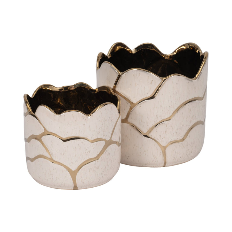 S/2 6/7" Clouds Planter, Ivory/gold - Al Rugaib Furniture