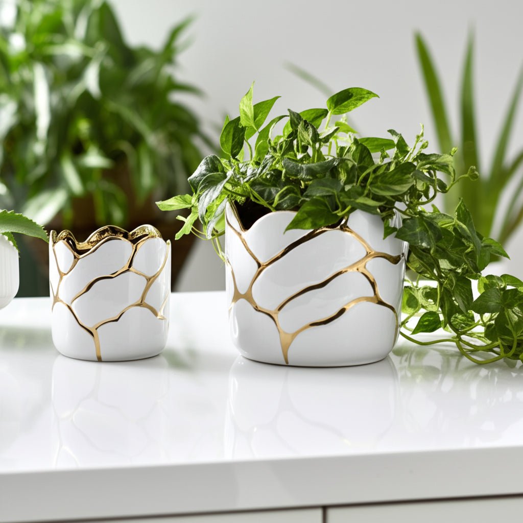 S/2 6/7" Clouds Planter, Wht/gld Planter| Sagebrook Home