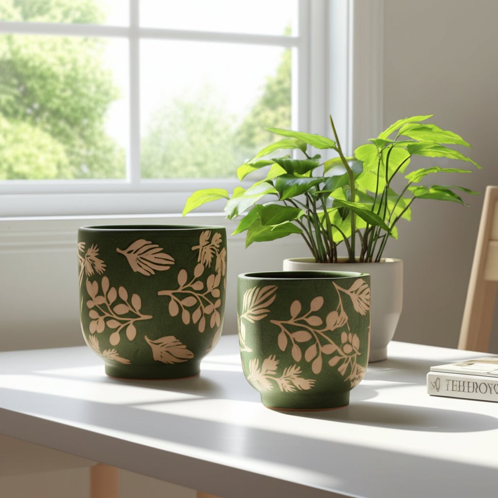 S/2 6/8" Hand Painted Leaves Planters, Green/tan Planter| Sagebrook Home