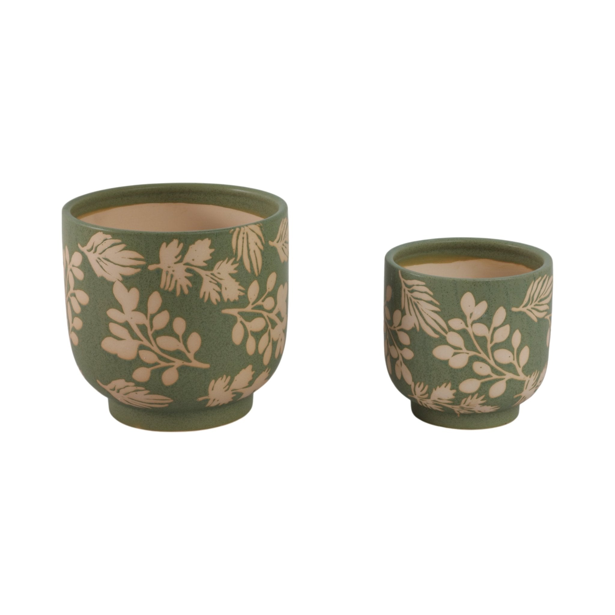 S/2 6/8" Hand Painted Leaves Planters, Green/tan Planter| Sagebrook Home