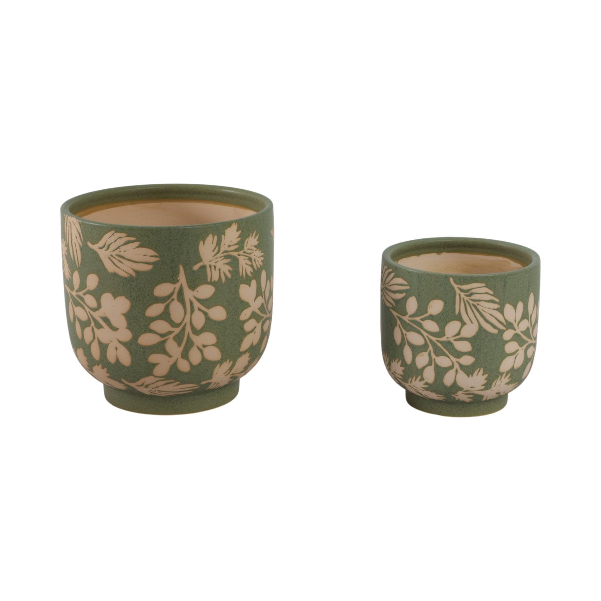 S/2 6/8" Hand Painted Leaves Planters, Green/tan Planter| Sagebrook Home
