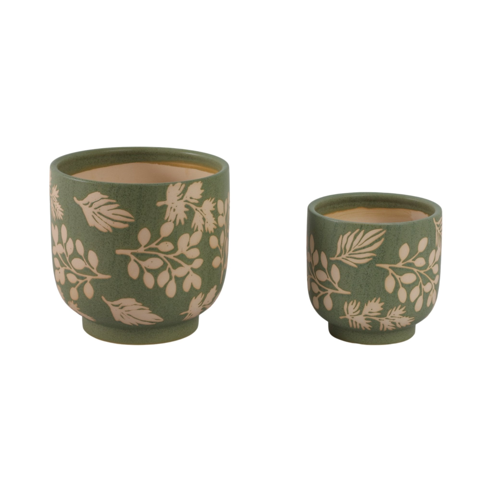 S/2 6/8" Hand Painted Leaves Planters, Green/tan Planter| Sagebrook Home
