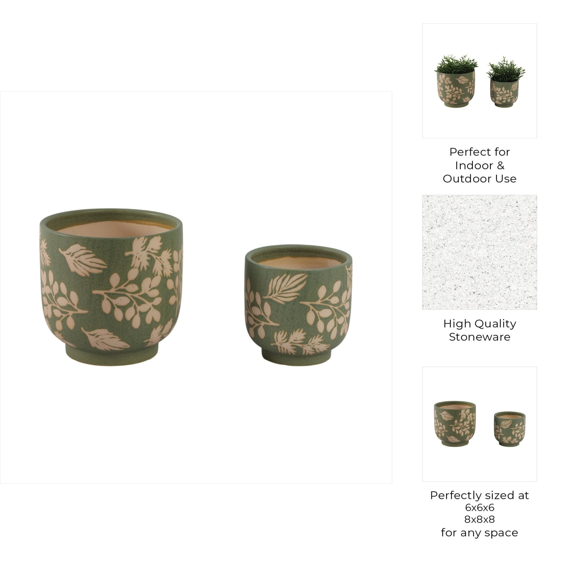 S/2 6/8" Hand Painted Leaves Planters, Green/tan Planter| Sagebrook Home