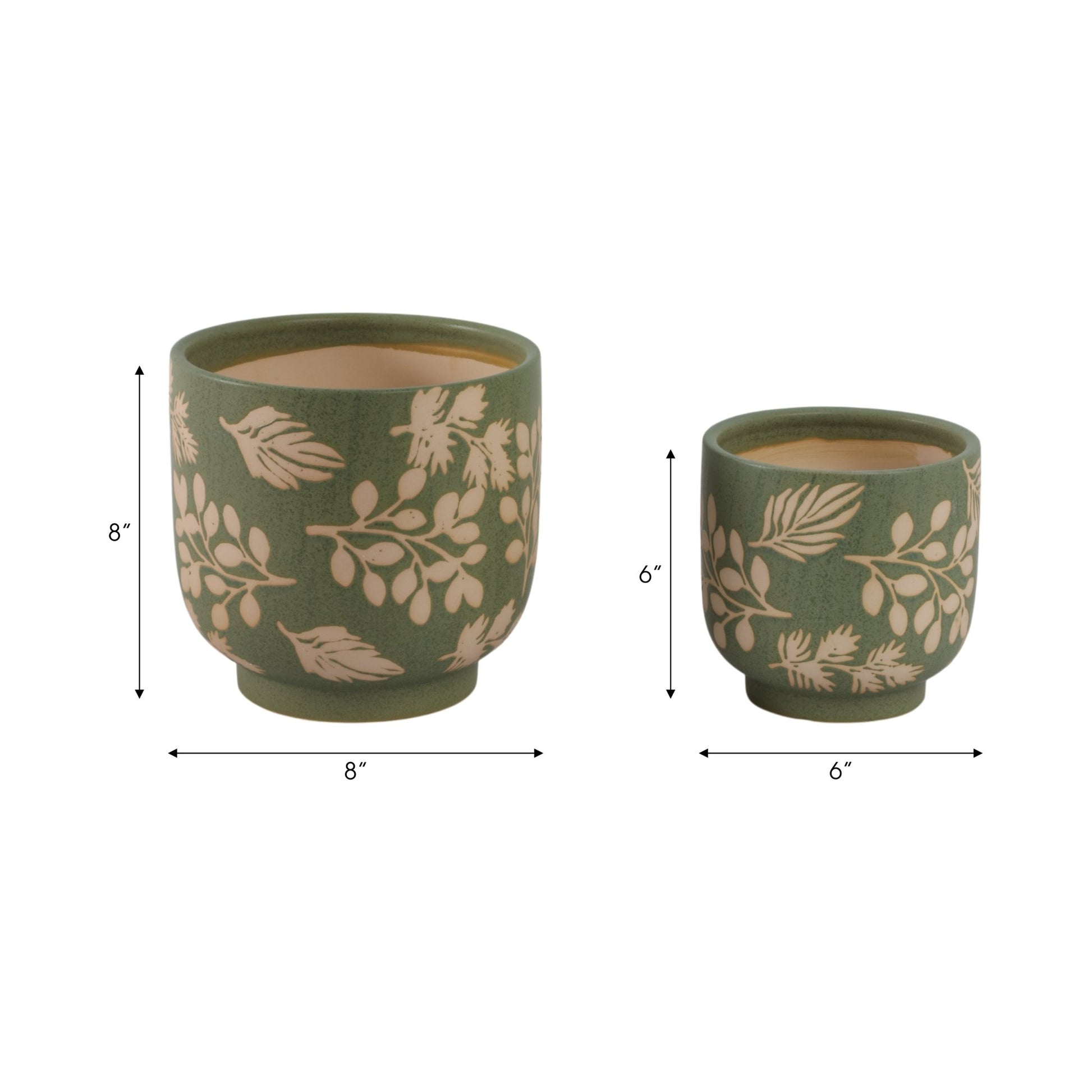 S/2 6/8" Hand Painted Leaves Planters, Green/tan Planter| Sagebrook Home