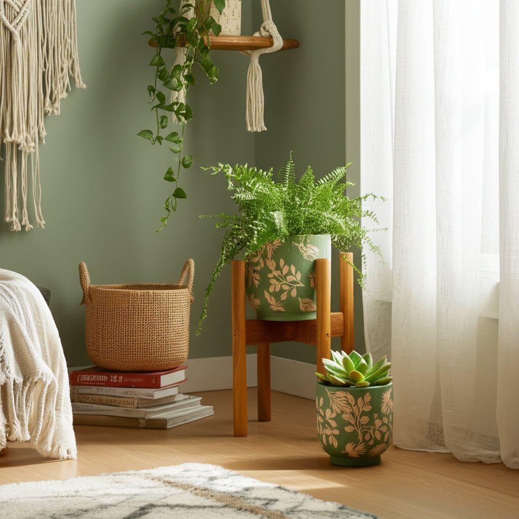 S/2 6/8" Hand Painted Leaves Planters, Green/tan Planter| Sagebrook Home
